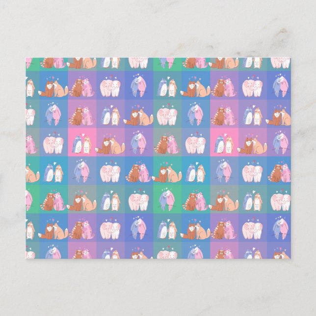 Pattern love animals cats, penguin, fox, elephant postcard (Front)