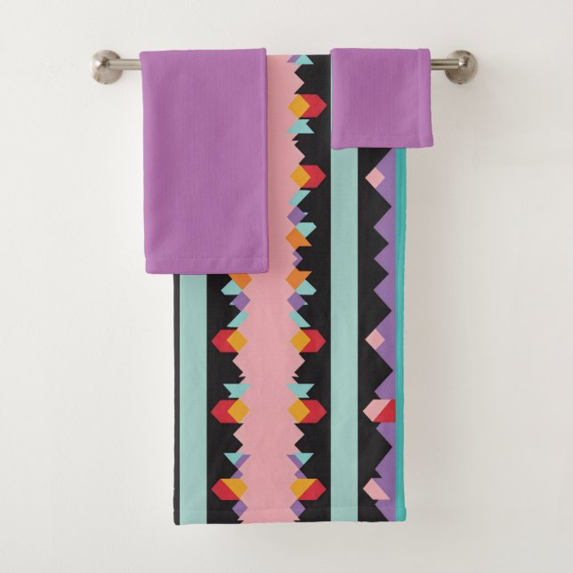 Pattern mix colourful stripes and triangles bath towel set (Insitu)
