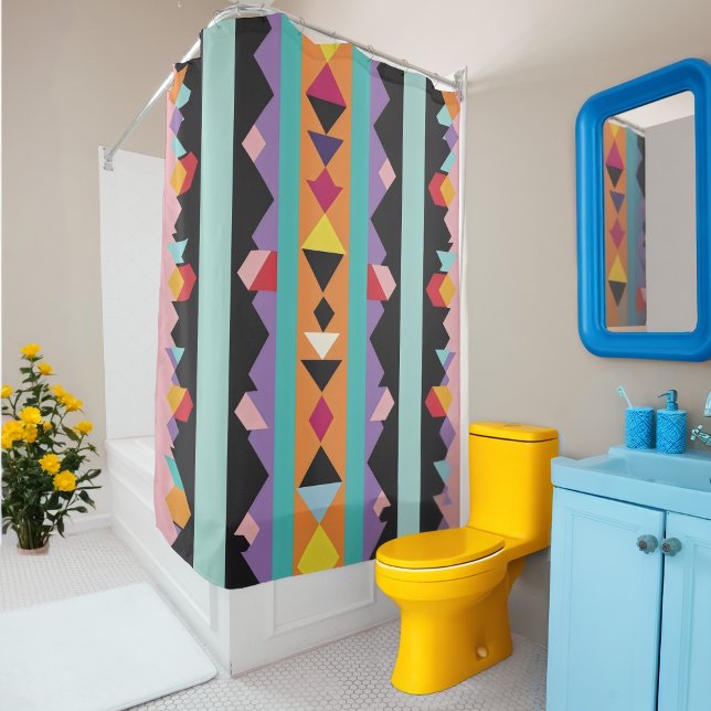 Pattern mix colourful stripes and triangles shower curtain (Creator Uploaded)