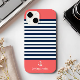 Pattern Navy blue and white bands Orange Case-Mate iPhone 14 Case