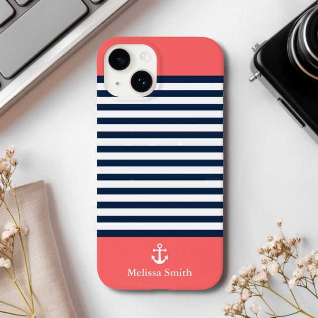 Pattern Navy blue and white bands Orange Case-Mate iPhone Case (Creator Uploaded)