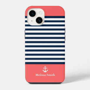 Pattern Navy blue and white bands Orange iPhone 14 Case