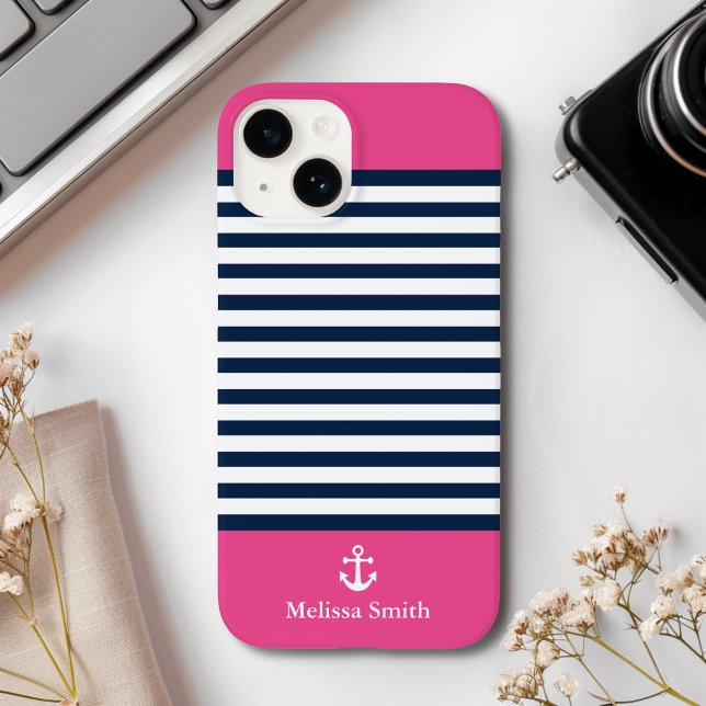 Pattern Navy blue and white bands pink background Case-Mate iPhone Case (Creator Uploaded)