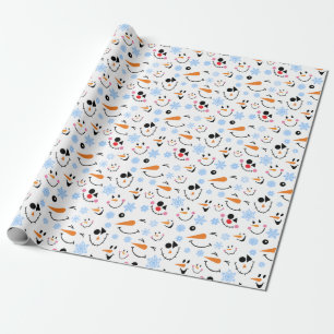 Pattern Of Сute Snowmen Faces, Blue Snowflakes Wrapping Paper