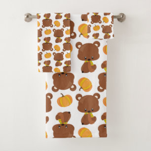 Pattern Of Bears, Cute Bears, Fall, Pumpkins Bath Towel Set