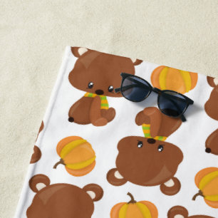 Pattern Of Bears, Cute Bears, Fall, Pumpkins Beach Towel