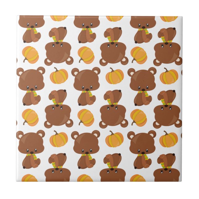 Pattern Of Bears, Cute Bears, Fall, Pumpkins Ceramic Tile (Front)