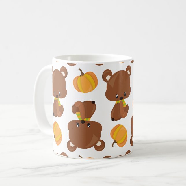 Pattern Of Bears, Cute Bears, Fall, Pumpkins Coffee Mug (Front Left)