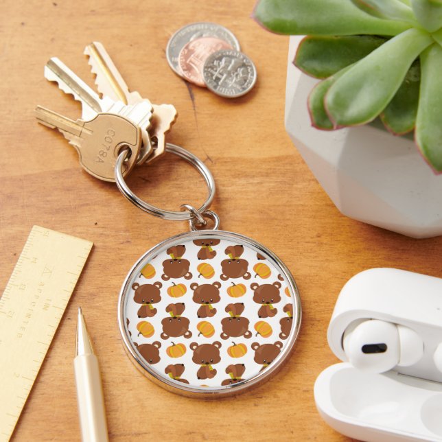 Pattern Of Bears, Cute Bears, Fall, Pumpkins Key Ring (Desk)