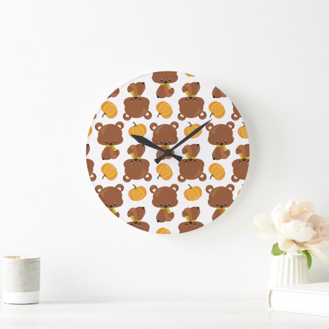 Pattern Of Bears, Cute Bears, Fall, Pumpkins Large Clock (Home)