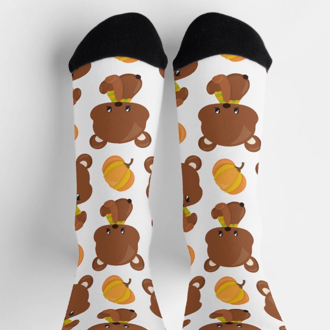 Pattern Of Bears, Cute Bears, Fall, Pumpkins Socks (Top)