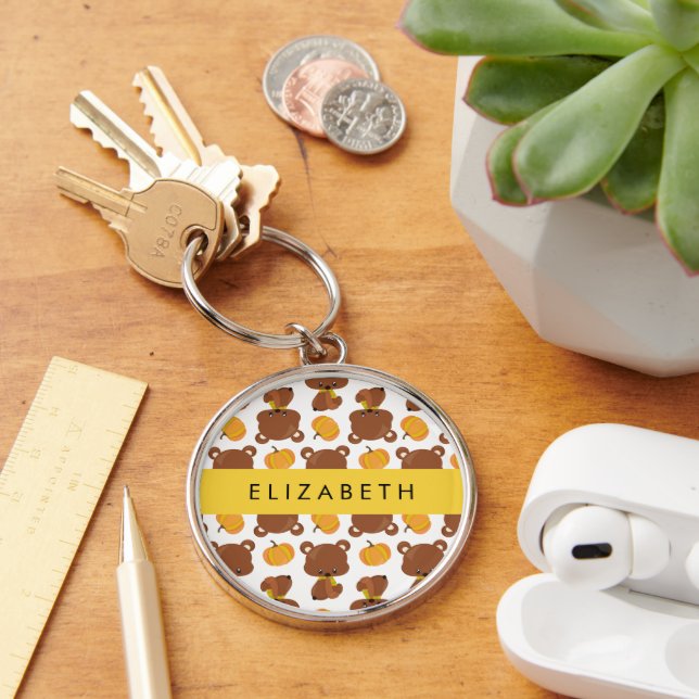 Pattern Of Bears, Cute Bears, Pumpkin, Your Name Key Ring (Desk)