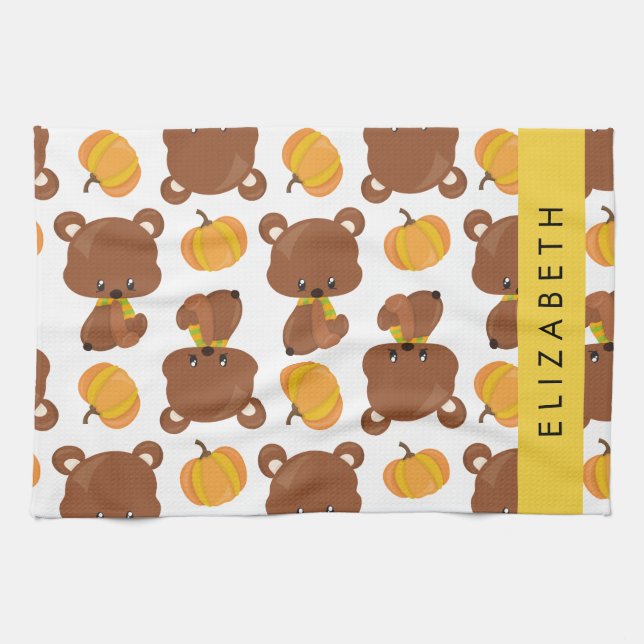 Pattern Of Bears, Cute Bears, Pumpkin, Your Name Tea Towel (Horizontal)