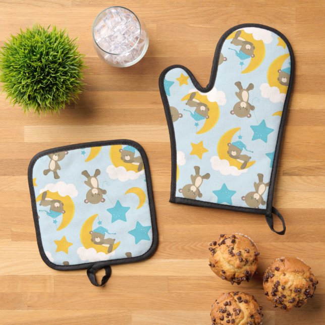 Pattern Of Bears, Cute Bears, Teddy Bears, Stars Oven Mitt & Pot Holder Set (Top Down)