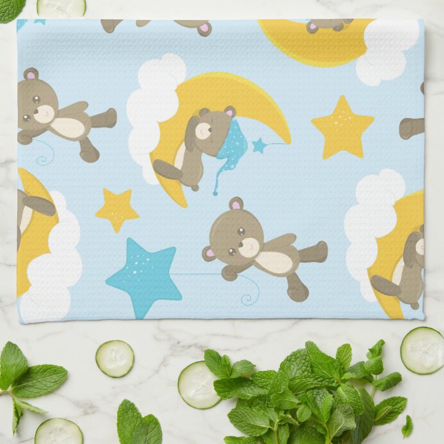 Pattern Of Bears, Cute Bears, Teddy Bears, Stars Tea Towel (Folded)