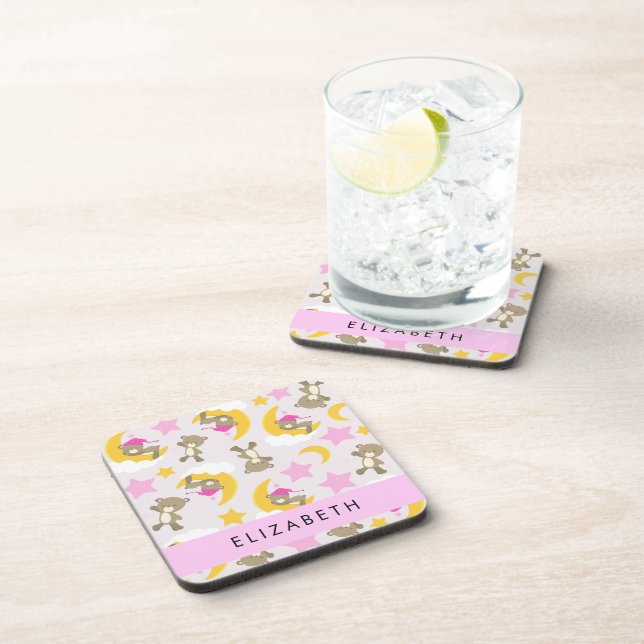 Pattern Of Bears, Teddy Bears, Stars, Your Name Coaster (Right Side)