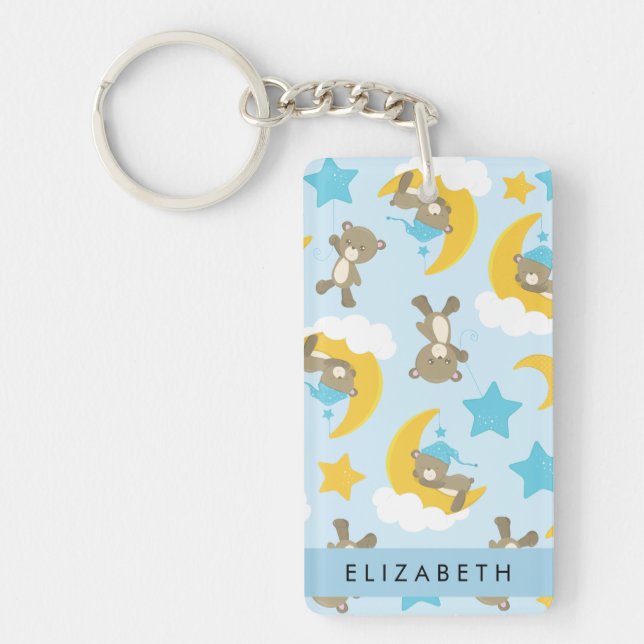 Pattern Of Bears, Teddy Bears, Stars, Your Name Key Ring (Front)