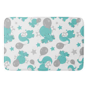 Pattern Of Blue Elephants, Cute Elephants, Stars Bath Mat