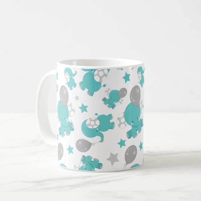 Pattern Of Blue Elephants, Cute Elephants, Stars Coffee Mug (Front Left)