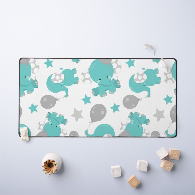 Pattern Of Blue Elephants, Cute Elephants, Stars Desk Mat (Kids Table)