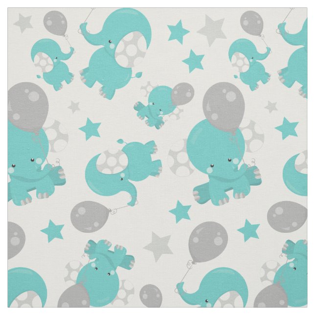 Pattern Of Blue Elephants, Cute Elephants, Stars Fabric (Swatch)