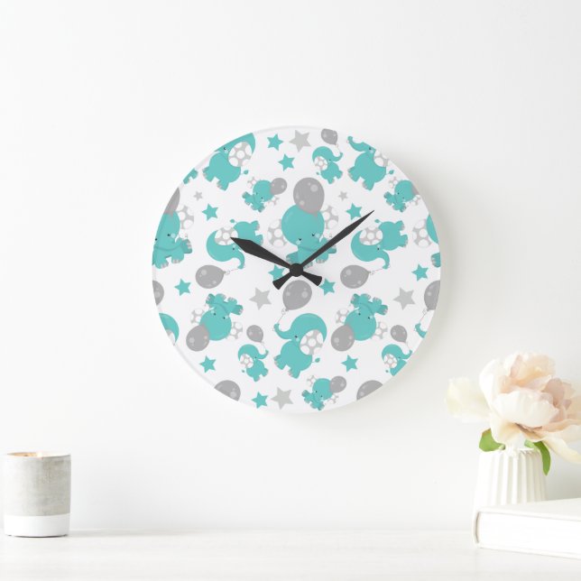 Pattern Of Blue Elephants, Cute Elephants, Stars Large Clock (Home)