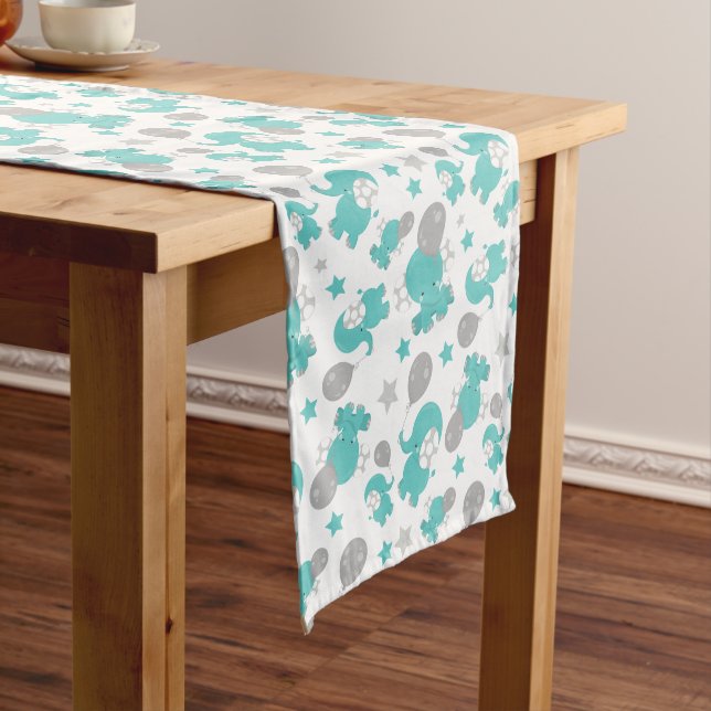 Pattern Of Blue Elephants, Cute Elephants, Stars Medium Table Runner (In Situ)