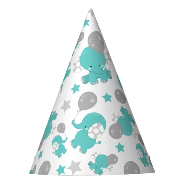 Pattern Of Blue Elephants, Cute Elephants, Stars Party Hat (Front)