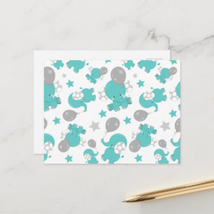 Pattern Of Blue Elephants, Cute Elephants, Stars Postcard