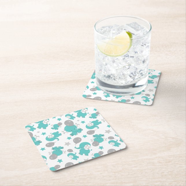 Pattern Of Blue Elephants, Cute Elephants, Stars Square Paper Coaster (Insitu)