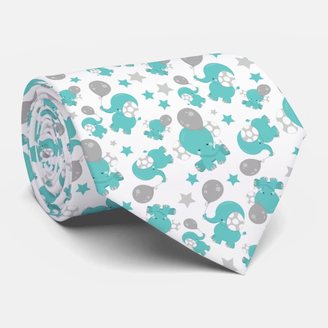 Pattern Of Blue Elephants, Cute Elephants, Stars Tie (Rolled)