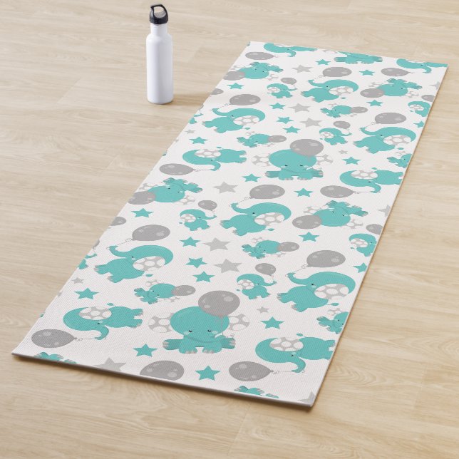 Pattern Of Blue Elephants, Cute Elephants, Stars Yoga Mat (In Situ)