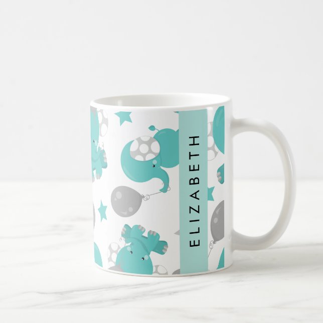 Pattern Of Blue Elephants, Stars, Your Name Coffee Mug (Right)