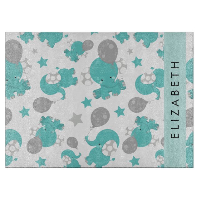 Pattern Of Blue Elephants, Stars, Your Name Cutting Board (Front)