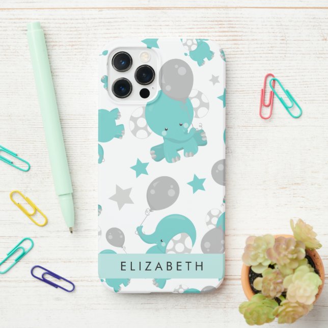 Pattern Of Blue Elephants, Stars, Your Name iPhone Case (On Desk)
