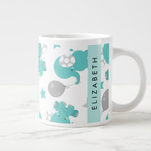 Pattern Of Blue Elephants, Stars, Your Name Large Coffee Mug