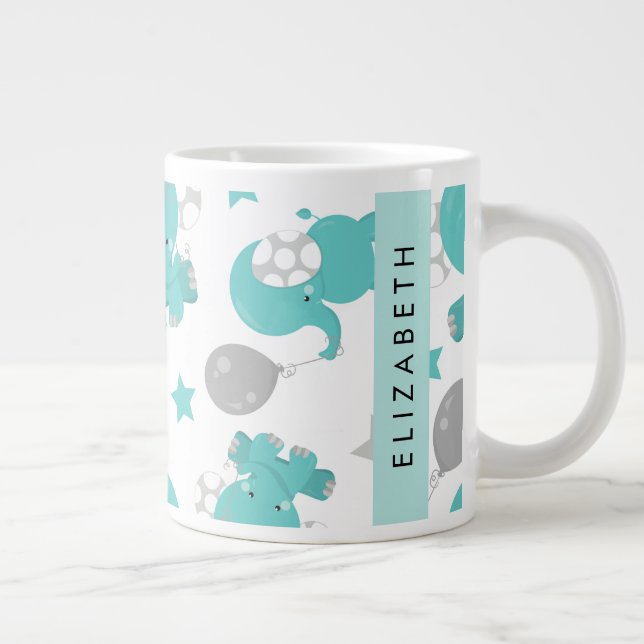 Pattern Of Blue Elephants, Stars, Your Name Large Coffee Mug (Right)
