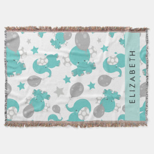 Pattern Of Blue Elephants, Stars, Your Name Throw Blanket