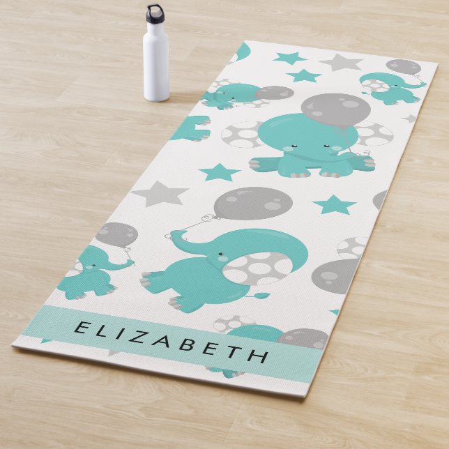 Pattern Of Blue Elephants, Stars, Your Name Yoga Mat (In Situ)