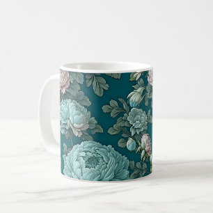 Pattern of Blue Peonies on a Green Background Coffee Mug