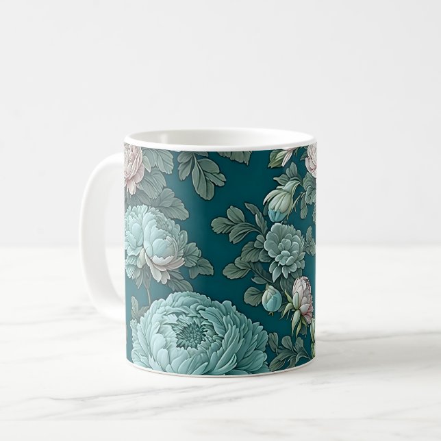 Pattern of Blue Peonies on a Green Background Coffee Mug (Front Left)