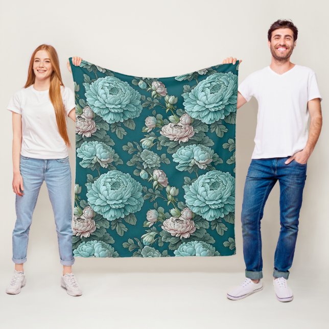Pattern of Blue Peonies on a Green Background Fleece Blanket (In Situ)