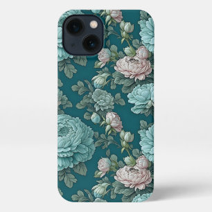 Pattern of Blue Peonies on a Green Background iPhone 13 Case