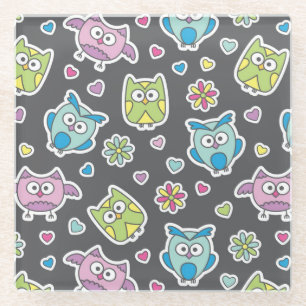 pattern of cartoon owls glass coaster