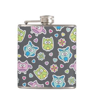 pattern of cartoon owls hip flask
