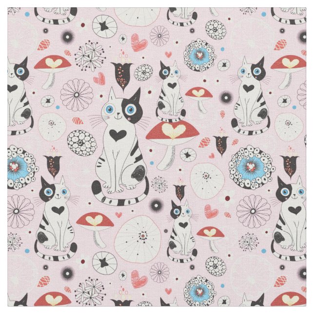 pattern of cats and flowers fabric (Close Up)