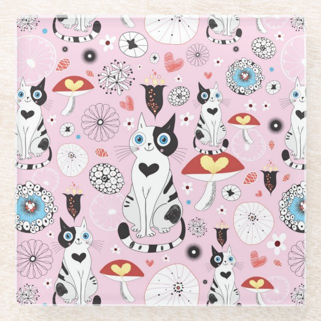 pattern of cats and flowers glass coaster (Front)