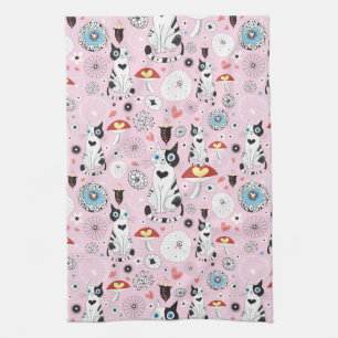 pattern of cats and flowers tea towel