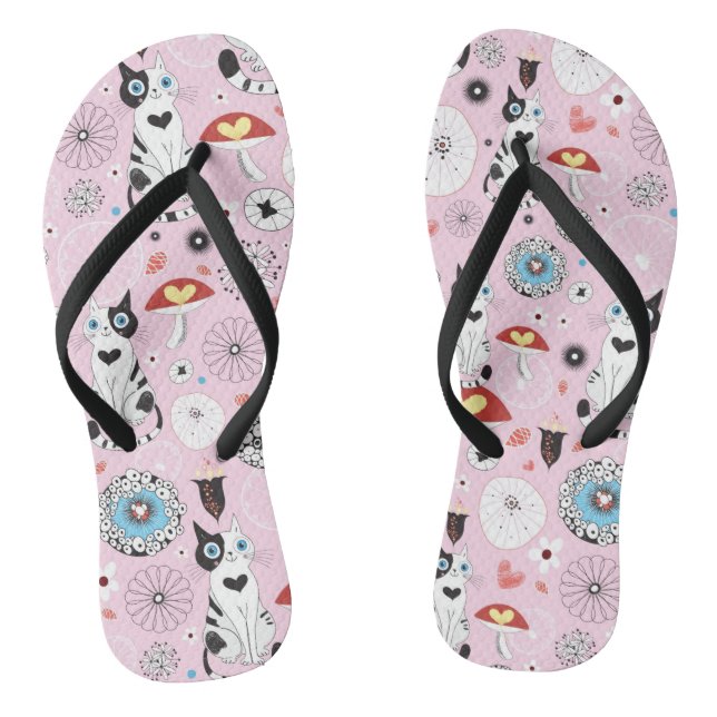 pattern of cats and flowers thongs (Footbed)