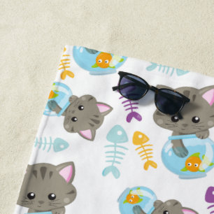Pattern Of Cats, Cute Cats, Kittens, Fish Beach Towel